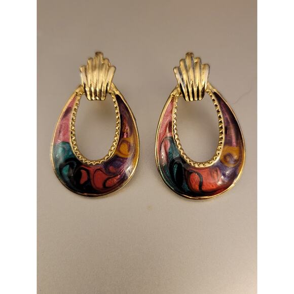 Vintage Enameled Hoop Drop Earrings - Picture 3 of 5